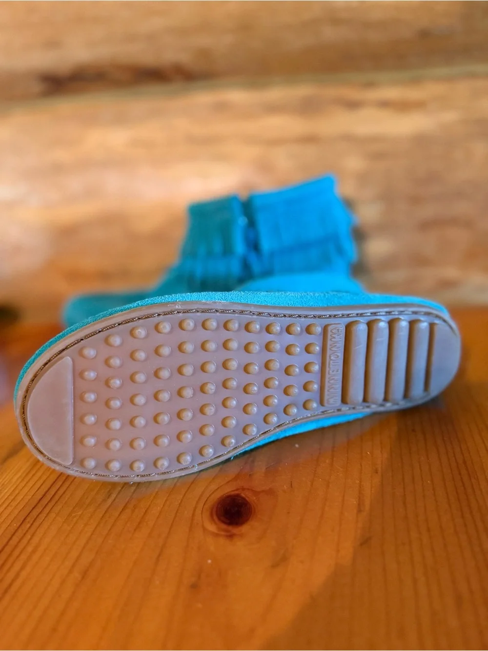 Minnetonka Turquoise Suede Fringe Kids Moccasins